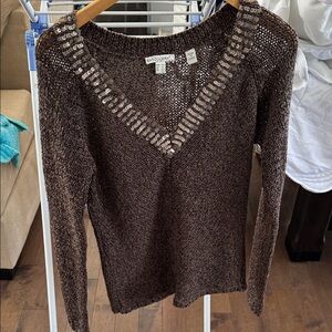 Bandolera  size 40/M Brown V-Neck Sweater with Sequin Trim